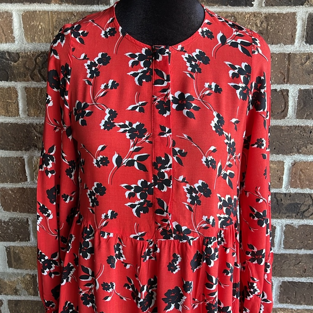 ZARA Angel Midi Maxi Red Black Floral Smock Flared Tiered Dress - Picture 6 of 13